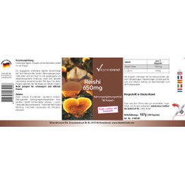 Reishi 650 mg - with 1950 mg Reishi Powder per Daily Dose - Ganoderma Lucidum - Vegan - For 3 Months Vitamintrend®