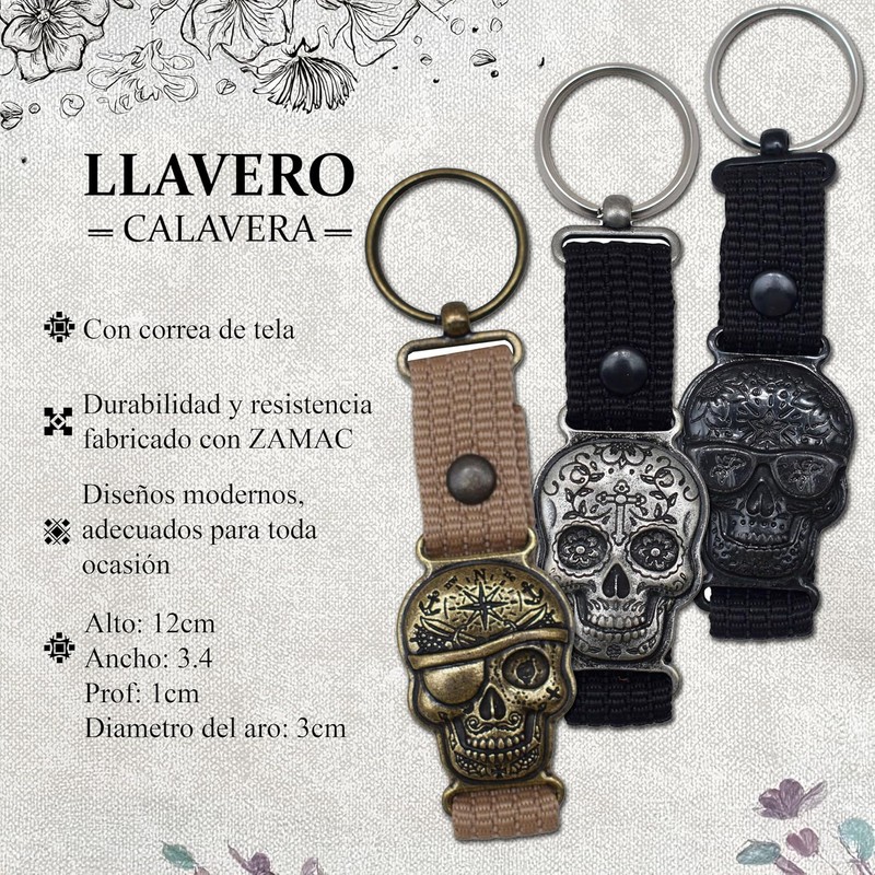 Llavero metálico con la figura de una calavera alusiva al