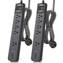 2 Pack Power Strip Surge Protector - 5 Widely Spaced Outlets 3 USB Charging Ports, 1875W/15A 6Ft Braided Extension Cord, Flat Plug Overload Protection, Wall Mount for Home Office Dorm Room Essentials