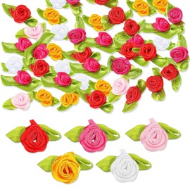 Piacolnic 200 Pcs Mini Ribbon Roses, Small Fabric Flowers with Green Leaves, Multicoloured Satin Ribbon Flower Tiny Ribbon Bow Roses for Crafts DIY Sewing Appliques Wedding Decoration
