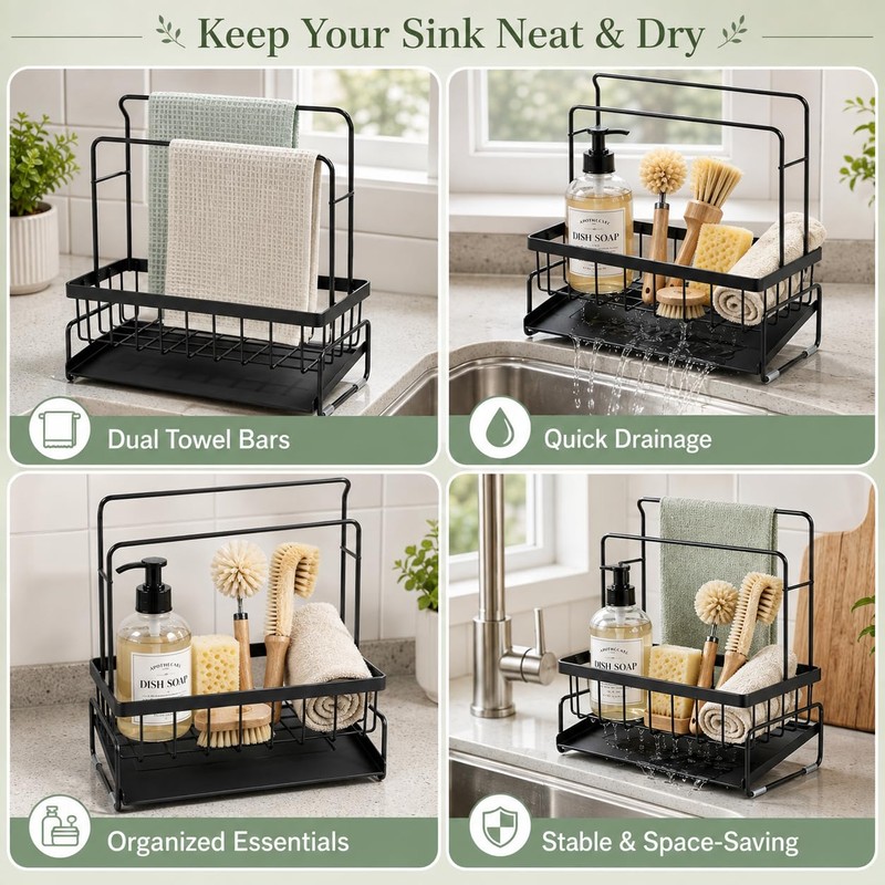 Sponge Holder for Kitchen Sink, Sink Caddy with Towel Bar