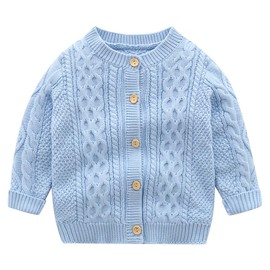 famuka Baby Boy Cardigan Sweaters Crew Neck Knit Coat (Blue, 12-18 Months)