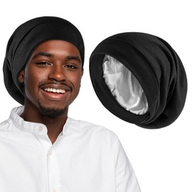 Nogeqi Adjustable Hair Bonnet for Sleeping Men, Anti Frizz Mens Bonnet for Sleeping, Satin Hair Protector for Sleeping, Sleeping Bonnet for Curly Hair Stay on All Night(Black)