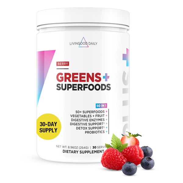 Livingood Daily Greens, Berry - Super Greens Powder for Gut Health - Green Blend Superfood with Spirulina, Chlorella, Veggie, Fruits, Herbs, Prebiotics & Enzymes - Smoothie Mix - 30 Servings