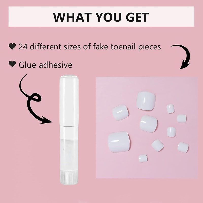 Pure White French False Toenails with Nail Glue - Acrylic