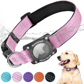 LZXLXS AirTag Dog Collar, IPX8 Waterproof Air Tag Dog Collar Holder, Luminous, Reflective, Durable, Comfortable Padded GPS Collars for Small Medium Large Dogs, Pink, M