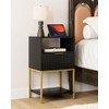 AEPOALUA Nightstand,Modern Bedside Table with One Drawer and Two Shelf，Black Night Stand，Tall End Table with Gold Frame for Bedroom,Living Room,Stripes