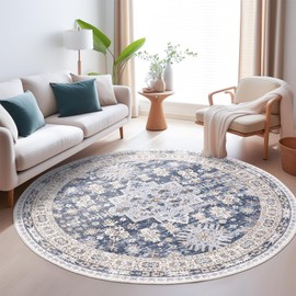 zesthome Washable Round Area Rugs - Non-Slip 6ft Round Rugs, Ultra-Thin Large Circle Rugs for Living Room, Soft Low Pile Rug for Bedroom, Kitchen, Nursery - Vintage Stain Resistant Round Rug