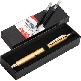Pentel Energel 0.7 Alloy Rollerball Retractable Liquid Gel Metal Pen - Gold Pen Barrel - Black Ink - Gift Set With 2 Refills for Women, & Men.