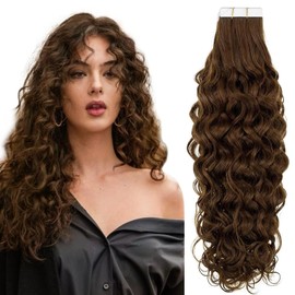 RUNATURE Tape Human Hair Extensions 22 Inch Curly Skin Weft Double Sided PU Glue in Extensions Invisible 50G 20Pcs