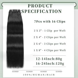 GUDOZO Clip-In Real Hair Extensions, 7 Pieces, 60 cm, 120 g, Jet Black Invisible Real Hair Extensions Clip-In Skin Weft Hair Extensions Real Hair (24 Inches, 1#)