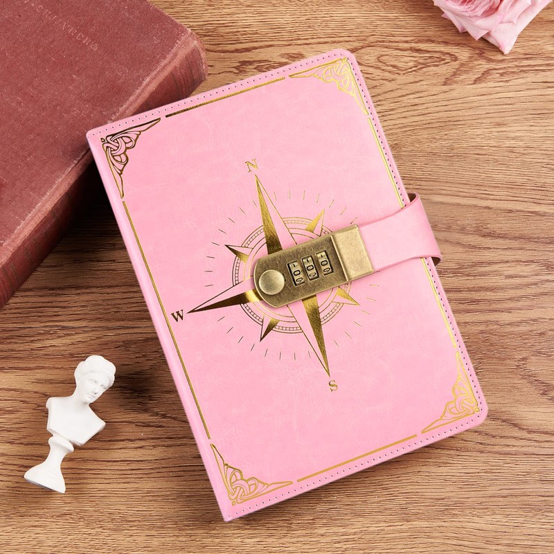 NectaRoy Vintage Travel Journal, A5 Lockable Diary(Compass Pattern), Notebook with