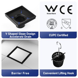 Bernkot Square Shower Drain 4" with 2" PVC Flange Base, 304 Stainless Steel Tile in Floor Drain w/Tiled Insert Grate & Hair Catcher, CUPC Certified(Matte Black, 4'')