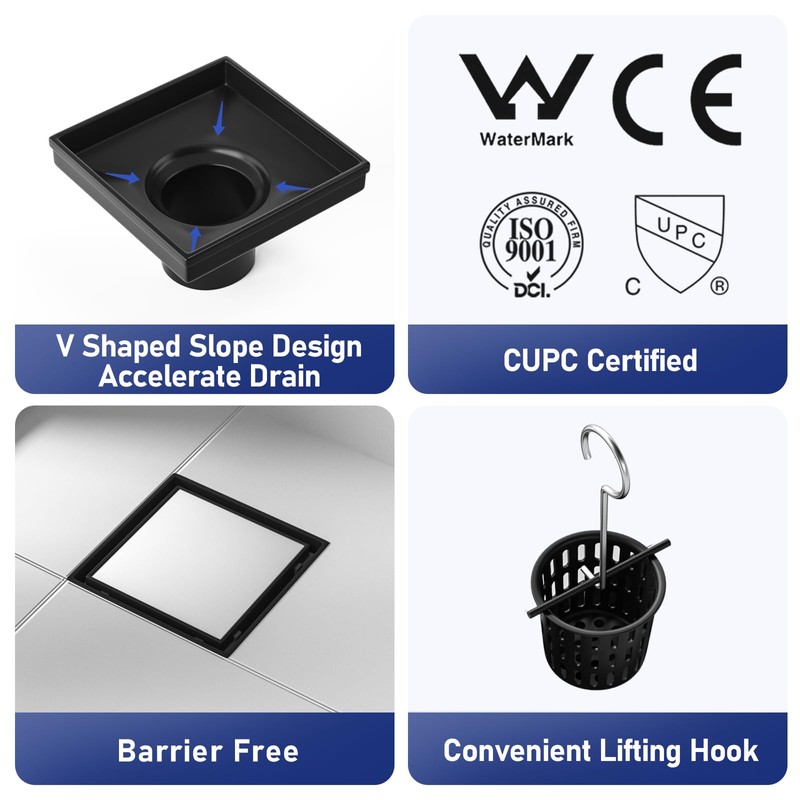 Bernkot Square Shower Drain 4" with 2" PVC Flange Base,