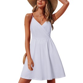 STYLEWORD Womens V Neck Summer Dresses Wedding Guest White Sun Dress with Pocket (White-429,M)