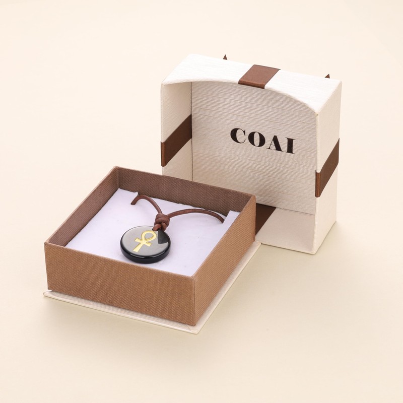 COAI Black Obsidian Necklace for Men Women, Genuine Leather Ankh