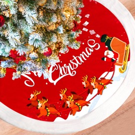 Kalolary 48 Inch Christmas Tree Skirt, Large Red Plush Xmas Tree Mat with Santa Elk Snowflakes Rustic Patterns Holiday Fur Decorations for Christmas Holiday Party Tree Decoration