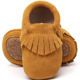 HONGTEYA Leather Baby Moccasins Hard Soled Tassel Crib Toddler Shoes For Boys and Girls (0-6 months/4.33inch, suede light brown)