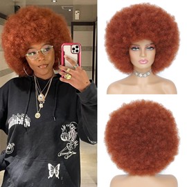JSDshine Afro Wig - 70s Auburn Afro Wig For Women Soft Afro Kinky Curly Hair Wigs With Bangs Afro Curly Wig For Men Bouncy Copper Red Afro Puff Wig Synthetic Hair Afro Wig For Daily Party Use