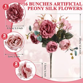 Yunlly 16 Packs Artificial Peony Flowers Faux Flowers Peonies Bouquet Silk Vintage Wedding Home Table Door Decor Reusable Bouquet Rose Flowers for Bridal Wedding Birthday Home (Dark Pink,Elegant)