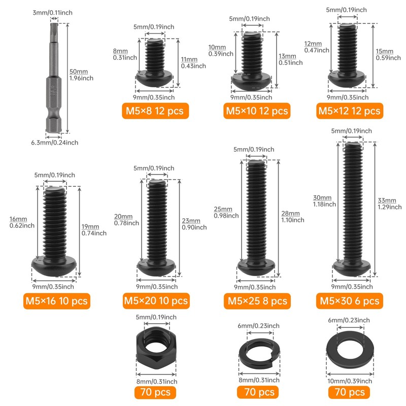 CLAHJQX 280 Pcs Black Bolts and Nuts Kit - M5-0.8