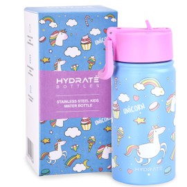 HYDRATE Stainless Steel Water Bottle Kids - 400 ml Stainless Steel, Leakproof - Safe to Use - Easy Grip for Children - Double Walled - Includes Cute and Fun Design - 18 x 9 cm - Unicorn Print