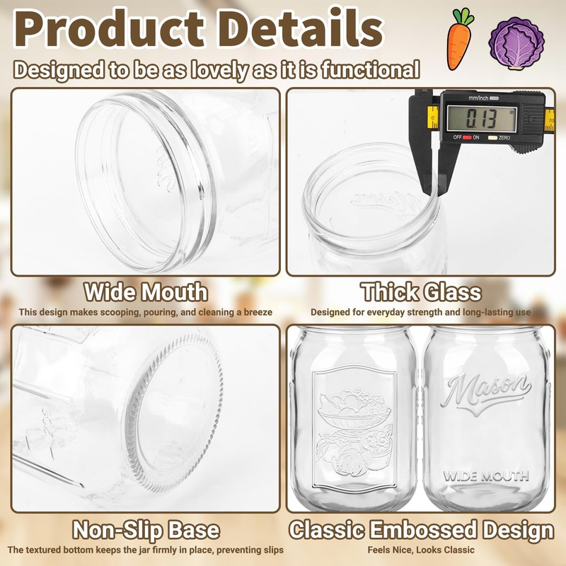 32oz Glass Mason Jars Wide Mouth 12-Pack with Airtight Lids
