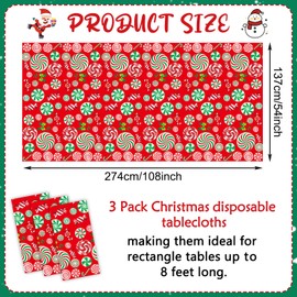 Stcomart 3 Pack Christmas Disposable Tablecloths, 54 x 108 Inch Christmas Candy Swirl Theme Plastic Disposable for Rectangle Tables Christmas Supplies, Green
