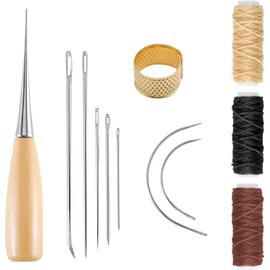 12 Pcs Leather Sewing Kit, Complete Leather Repair Kit Needles, 12m Waxed Thread Cord Drilling Awl Thimble Curved Upholstery Hand Sewing Needles for DIY Crafts Carpet Repair and Sewing Essentials