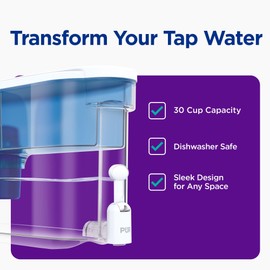 PUR 30-Cup Countertop Water Filter Dispenser, 1 Genuine PUR Filter, 2-in-1 Powerful Filtration, Lasts 2 Months or 40 Gallons, Dishwasher Safe, White/Blue (DS1800Z)