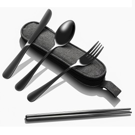Portable Stainless Steel Flatware Set, Black 5-Piece Travel Silverware Including Knife Fork Spoon Chopsticks with Case, Reusable Silverware for Lunch, Camping, Easy to Clean, Lightweight