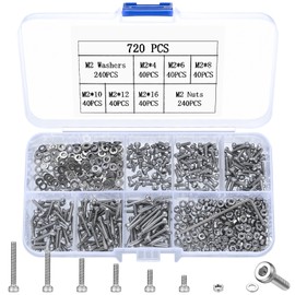 720 Pcs M2 Nuts and Bolts Set, M2 Hex Socket Head Bolts and Nuts Set, Hexagon Socket Head Cap Screws, Stainless Steel Machine Screws Bolts Nuts and Washers Sets, Nut & Bolt Assortment