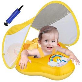 XIAOYANGKEJI Flotador de Piscina para Niños, Flotador Inflable con Asiento de Seguridad y Toldo Solar Desmontable, Protección Solar UPF50+, Piscina para Niños Incluida Bomba Manual (Amarillo)