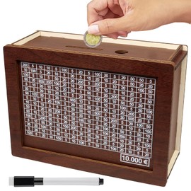 Wooden Money Box, Wooden Money Box with Numbers Checks, Retro Money Box with Target and Pens, Reusable Saving Box, Helps Children and Adults to Develop the Habit of Saving