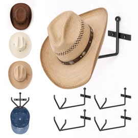 TOMIR Cowboy Hat Rack for Wall 4 Pack, Heavy Duty Metal Hat Hooks Organizer for Baseball Caps & Wide Brim Hats, Space Saving Storage for Entryway Mudroom Garage, Rustic Western Decor (Black)