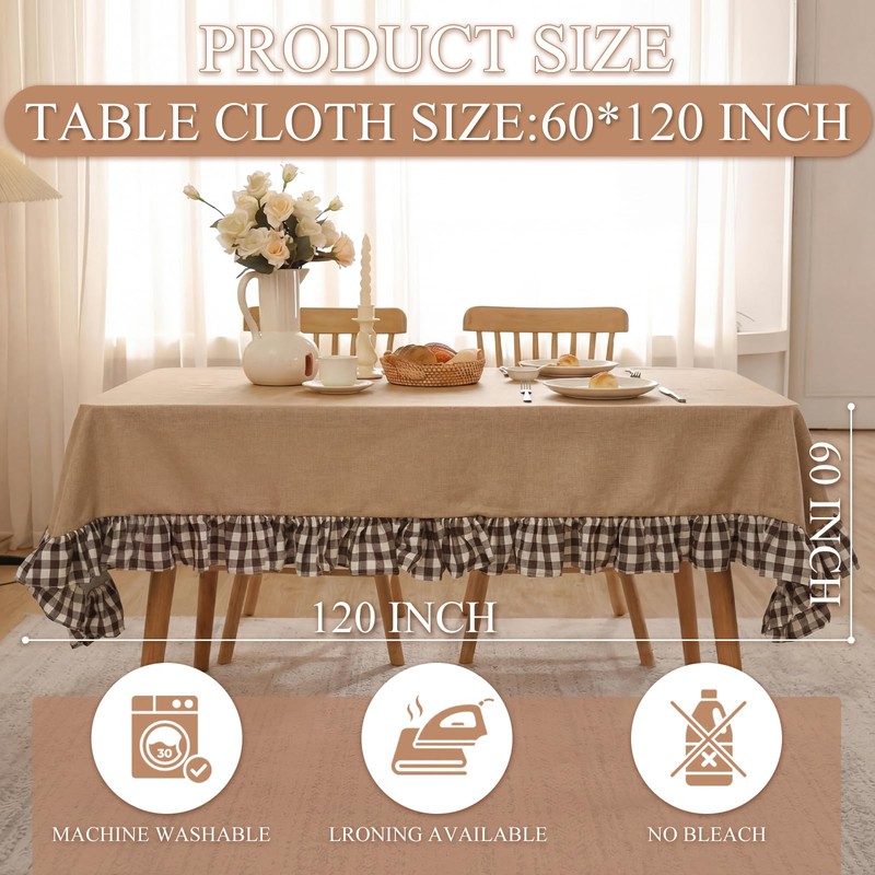 Mindsoft 60 x 120 Inch Rectangle Farmhouse Ruffle Tablecloth Rustic