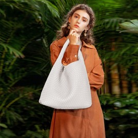 Women Vegan Leather Hand-Woven Tote Handbag Fashion Shoulder Top-handle Bag All-Match Underarm Bag with Purse (Creamy white)