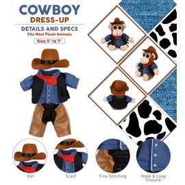 DolliBu Cowboy Stuffed Animal Dress Up Set - Western-Themed Outfit with Hat, Jeans, Vested Shirt, Bandana Cowboy Costume - Pretend Play Accessories for Teddy Bears - Small for 5 to 7 Inch Plush Toys