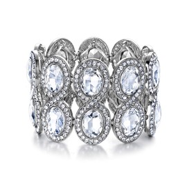 Flyonce Women's Wedding Bracelets for Brides Bridesmaids Rhinestone Crystal Art Deco Elastic Stretch Bracelet Clear Silver-Tone