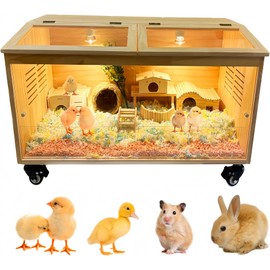 Chicken brooder Box Pine Wood brooder Box for Chicks with Thermostat & Heating Lamp & Brake Casters - 1.5cm Thick Solid Panels for Chicks, Ducklings, Hamsters, Guinea Pigs - Chew-Proof(32x16x16 in)