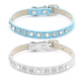 Urieo Safety Cat Collars Silver Leather Rhinestone Kitten Collar Adjustable Bling Classy Pet Collars for Cats Puppy Rabbits and Small Dogs (Pack of 2)