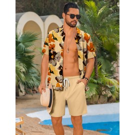 LecGee Mens Two Piece Short Set Tropical Print Button Down and Casual Shorts Beach Clothes for Men(Khaki,Large)
