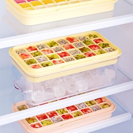 Press Type Ice Cube Maker, Ice Cube Trays with Lid and Container Ice Mould Double Layer Creative Ice Box, Comes with Ice Shovel, One Second Release All Ice Cubes, BPA Free – 64 Ice Cubes (Blue)