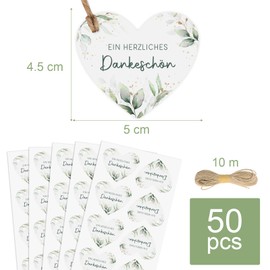 MEJOSER Pack of 50 Thank You Pendants Heart Eucalyptus 5 cm Gift Tags Thank You Wedding Labels Gift Birthday Baby Shower Communion Christening