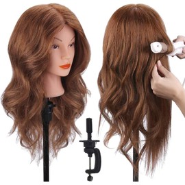 Mannequin Head with 100% Human Hair, TopDirect Real Hair Cosmetology Mannequin Head Hair Styling Hairdressing Practice Training Doll Head with Clamp Holder and Tools (Dark Brown)