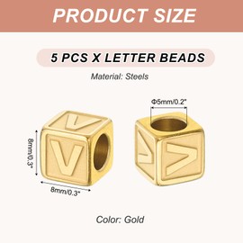 PATIKIL Steels Letter Beads, 5 Pcs Large Square Metal Letter Charms for Bracelets Necklaces Bag Charms Shoe, V, Gold