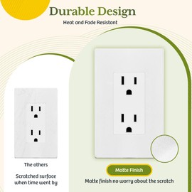 TG Matte White Decorator Receptacle with Screwless Wall Plate, Standard Electrical Wall Outlet, 15A 125V, Self-Grounding, 2-Pole, 3-Wire, UL Listed, RT-D215-MW, 10 Pack, Non Tamper Resistant