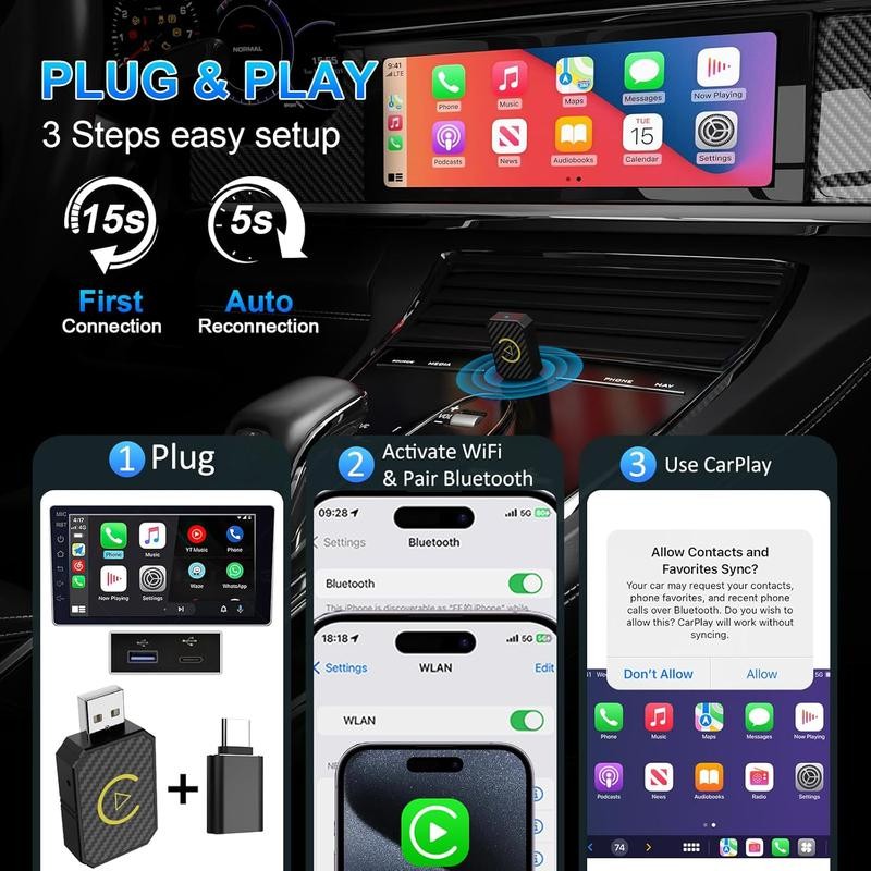 2 in 1 Wireless Apple CarPlay Adapter, Apple and Android,converts