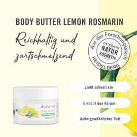 ARYA LAYA Body Butter Lemon Rosmarin, 200 ml - reichhaltige & zartschmelzende Körperbutter mit Sheabutter bio, auch geeignet für trockene Haut, zitronig-frischer Duft mit feiner Rosmarinnote, vegan
