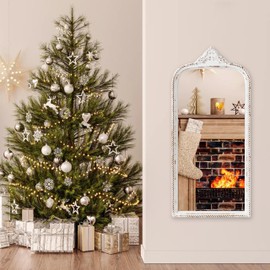 Sintosin Vintage Arched Long Mirrors for Wall 20 X 44 Inches, Hanging Distressed White Large Wooden Arendahl Antique Wall Mirrors, Baroque Wall-Mounted Arch Mirrors for Living Room Dining Room Foyer